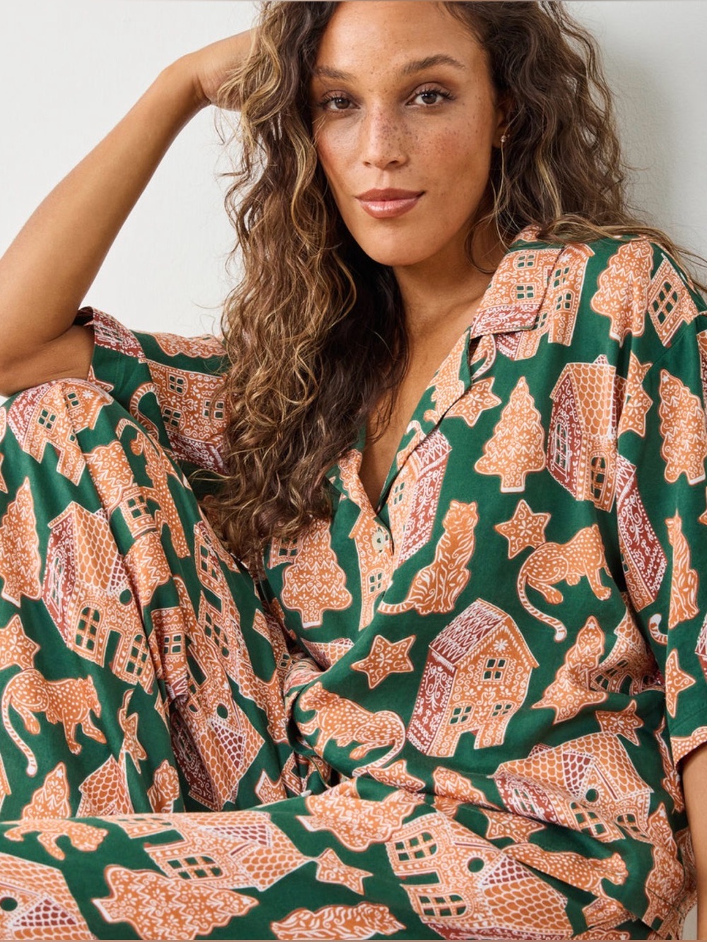 Printfresh Gingerbread Party Eco Satin Wildest Dreams Pajama Set Hunter Green XS